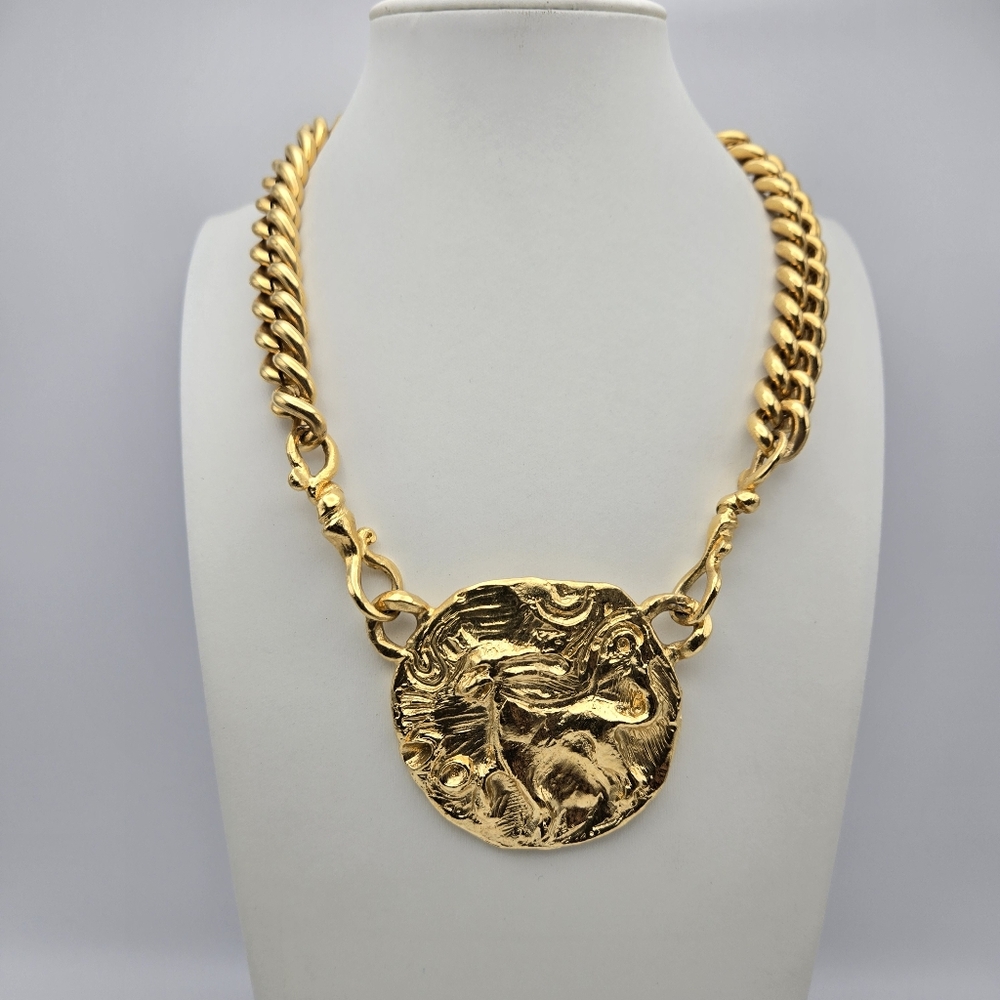 YSL Yves Saint Laurent Animal Pendant Necklace Chunky Goldtone Statement Mogul